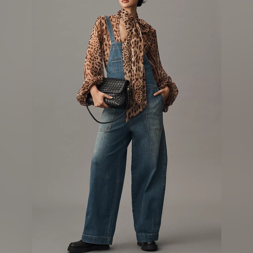 Anthropologie Blue Denim Wide-Leg Overalls with Brown Leopard Blouse